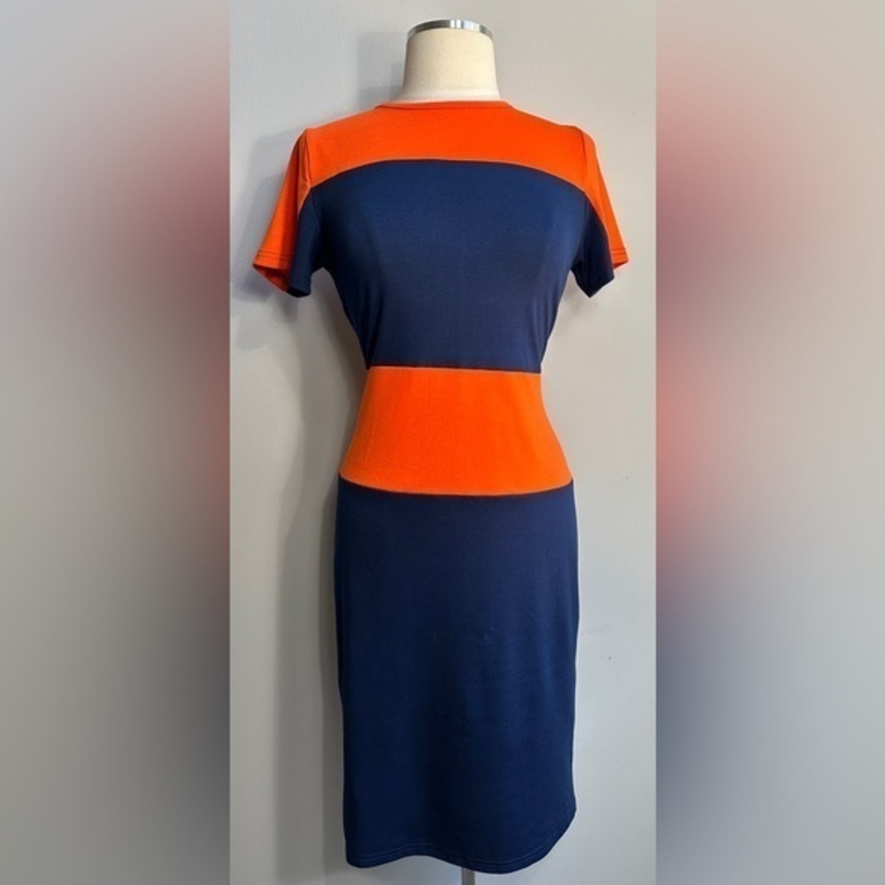 Perfect Style by Shez Orange & Navy Colorblock Bodycon Dress – Size Large
